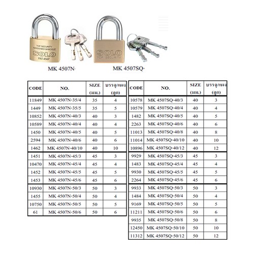 SKI - สกี จำหน่ายสินค้าหลากหลาย และคุณภาพดี | SOLO MK4507N-40/5 กุญแจมาสเตอร์คีย์ 40 มิล (5ลูก/แผง)