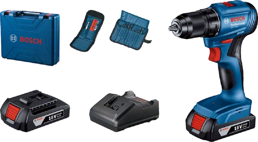 SKI - สกี จำหน่ายสินค้าหลากหลาย และคุณภาพดี | BOSCH #06019K30K2 GSR 185-LI สว่านไขควงไร้สาย 4 หุน 18V Brushless motor แบต 2.0 Ahx2+แท่นชาร์จ+อุปกรณ์เสริม23ชิ้น