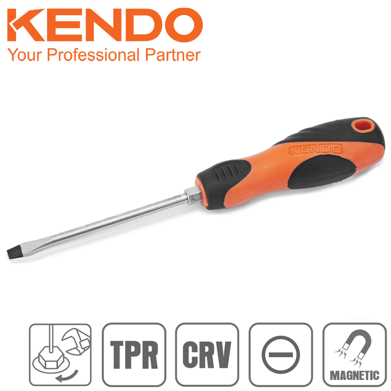 SKI - สกี จำหน่ายสินค้าหลากหลาย และคุณภาพดี | KENDO 20286 ไขควงปากแบน ปากดำ (ก้านกลม+ด้ามหุ้มยาง) ขนาด 8นิ้ว(200mm.)xแกน 8mm.