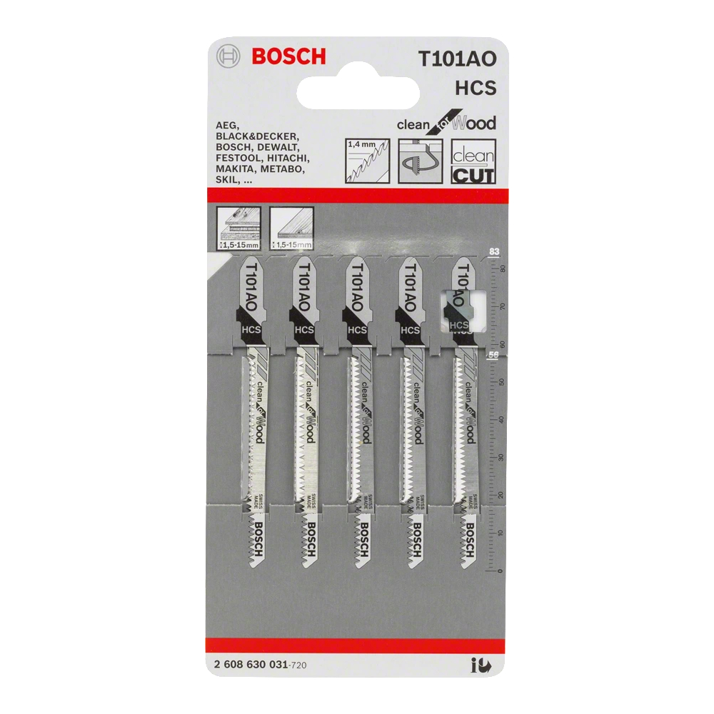SKI - สกี จำหน่ายสินค้าหลากหลาย และคุณภาพดี | BOSCH T101AO ใบเลื่อยจิ๊กซอตัดไม้ละเอียด ตัดหนา 1.5-15 มิล ตัดโค้ง#2608630031 (5ใบ/แผง)