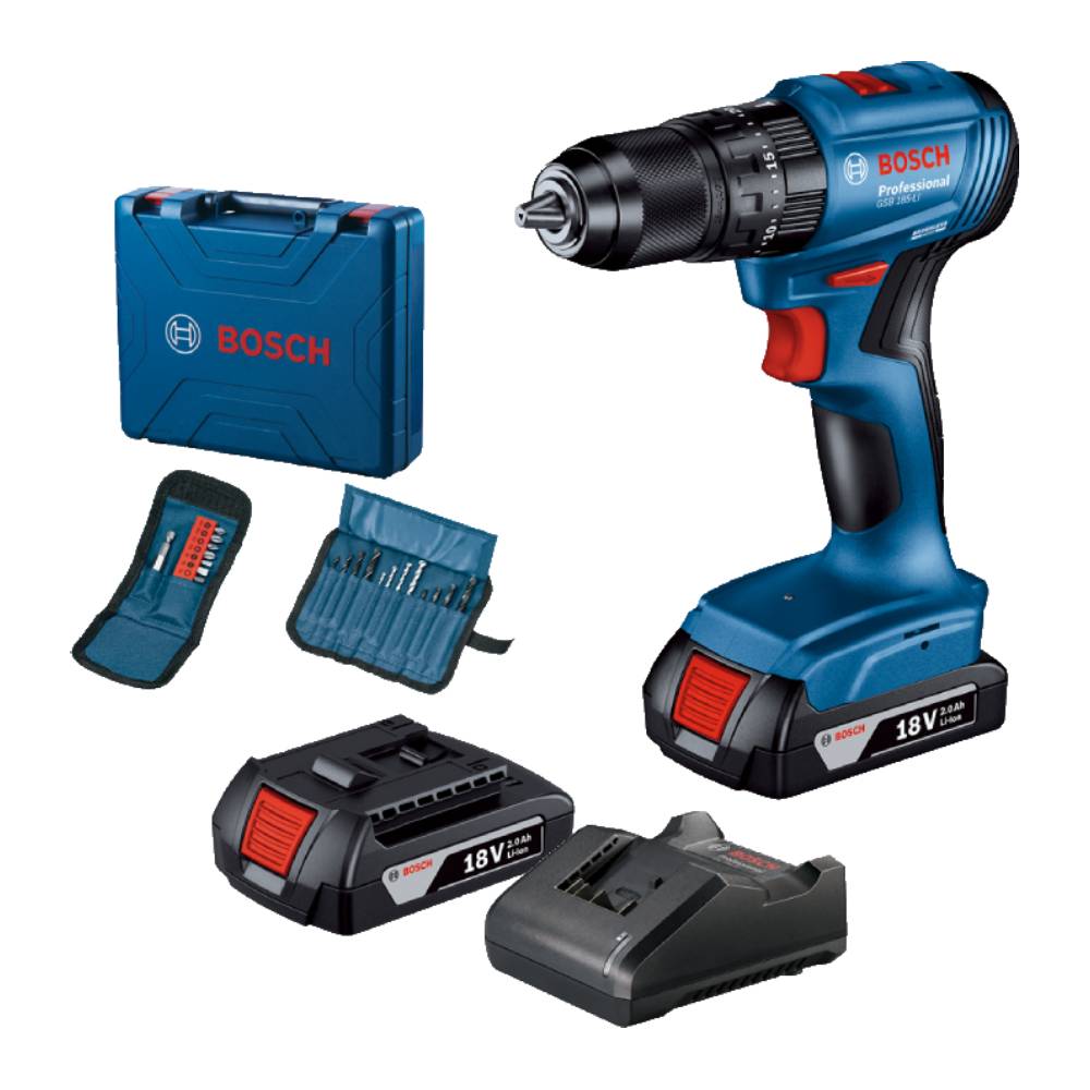 SKI - สกี จำหน่ายสินค้าหลากหลาย และคุณภาพดี | BOSCH #06019K31K2 GSB185-LI สว่านกระแทกไร้สาย 4 หุน 18V Brushless motor แบต 2.0Ahx2+แท่นชาร์จ+อุปกรณ์เสริม23ชิ้น