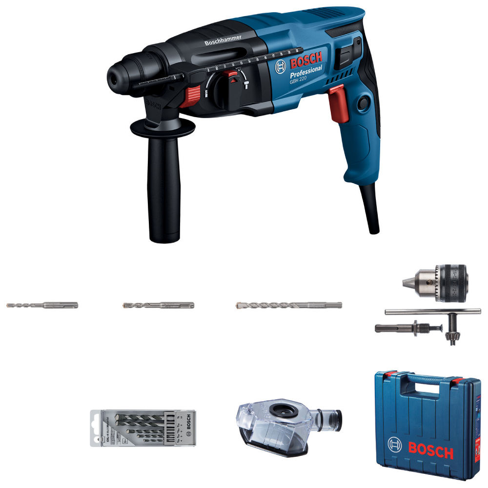 SKI - สกี จำหน่ายสินค้าหลากหลาย และคุณภาพดี | BOSCH GBH220 kit ชุดสว่านโรตารี่  (3 drill bit + dust cap + chuck) 06112A60K1