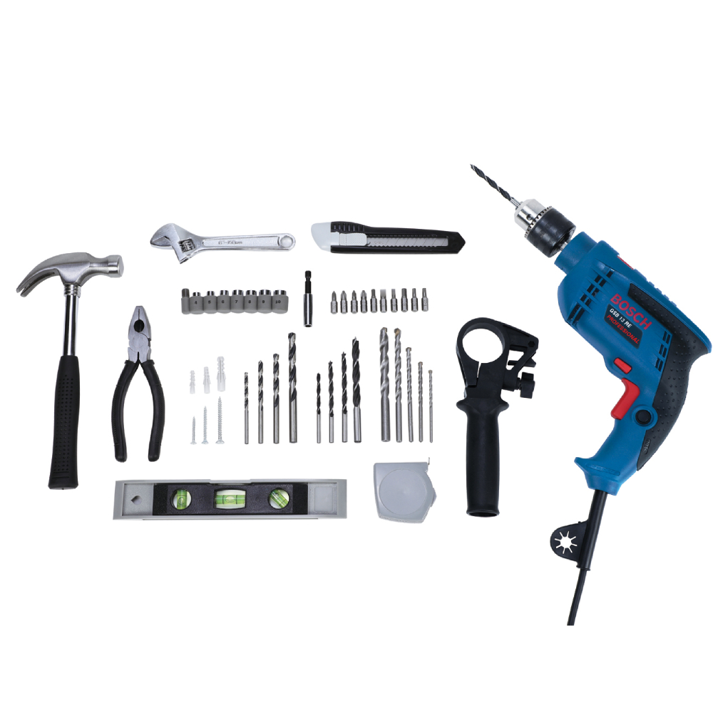 SKI - สกี จำหน่ายสินค้าหลากหลาย และคุณภาพดี | BOSCH GSB13RE SET สว่านกระแทก +ชุดอุปกรณ์ช่าง100ชิ้น(ค้อนคีม+อื่นๆ) #06012271K3