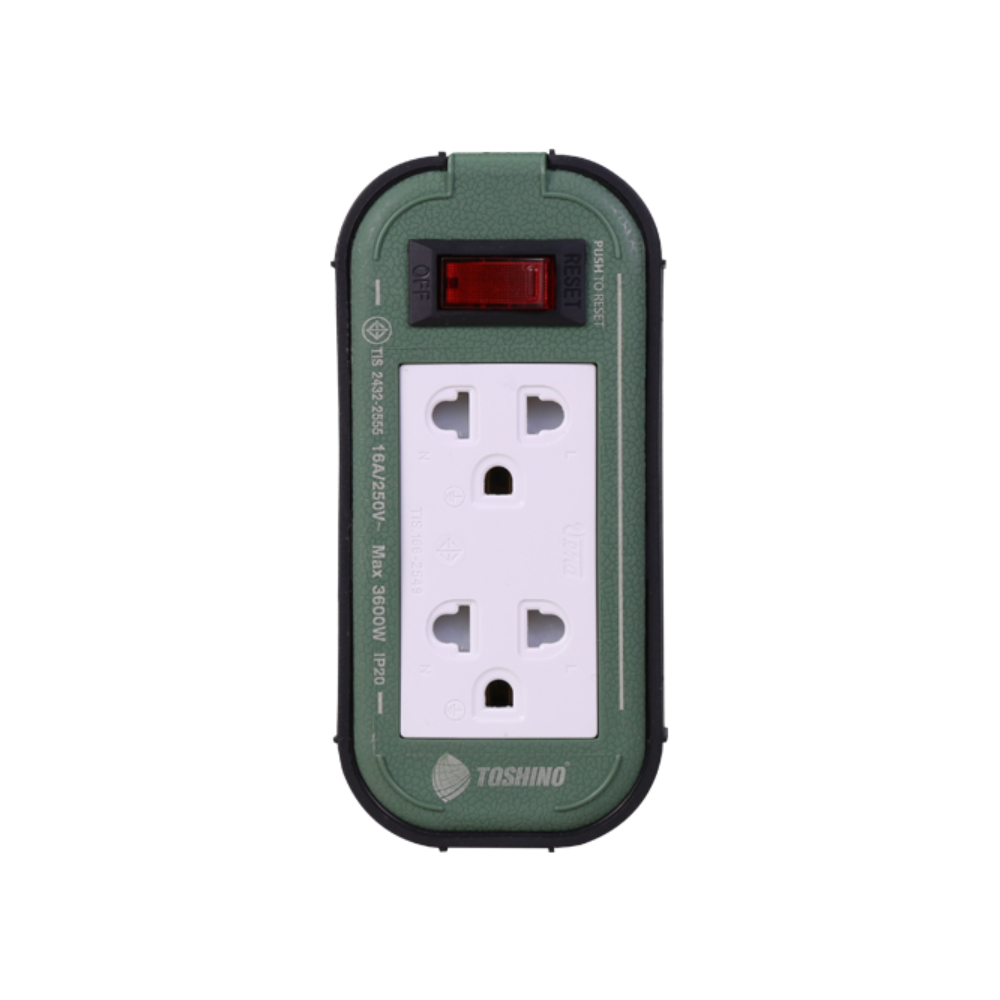 SKI - สกี จำหน่ายสินค้าหลากหลาย และคุณภาพดี | TOSHINO PPS315T-3M(GB) ปลั๊กต่อพ่วง 2 ช่อง มีสวิตช์เบรกเกอร์ สาย 3x1.5 ยาว 3 ม. (3600W)