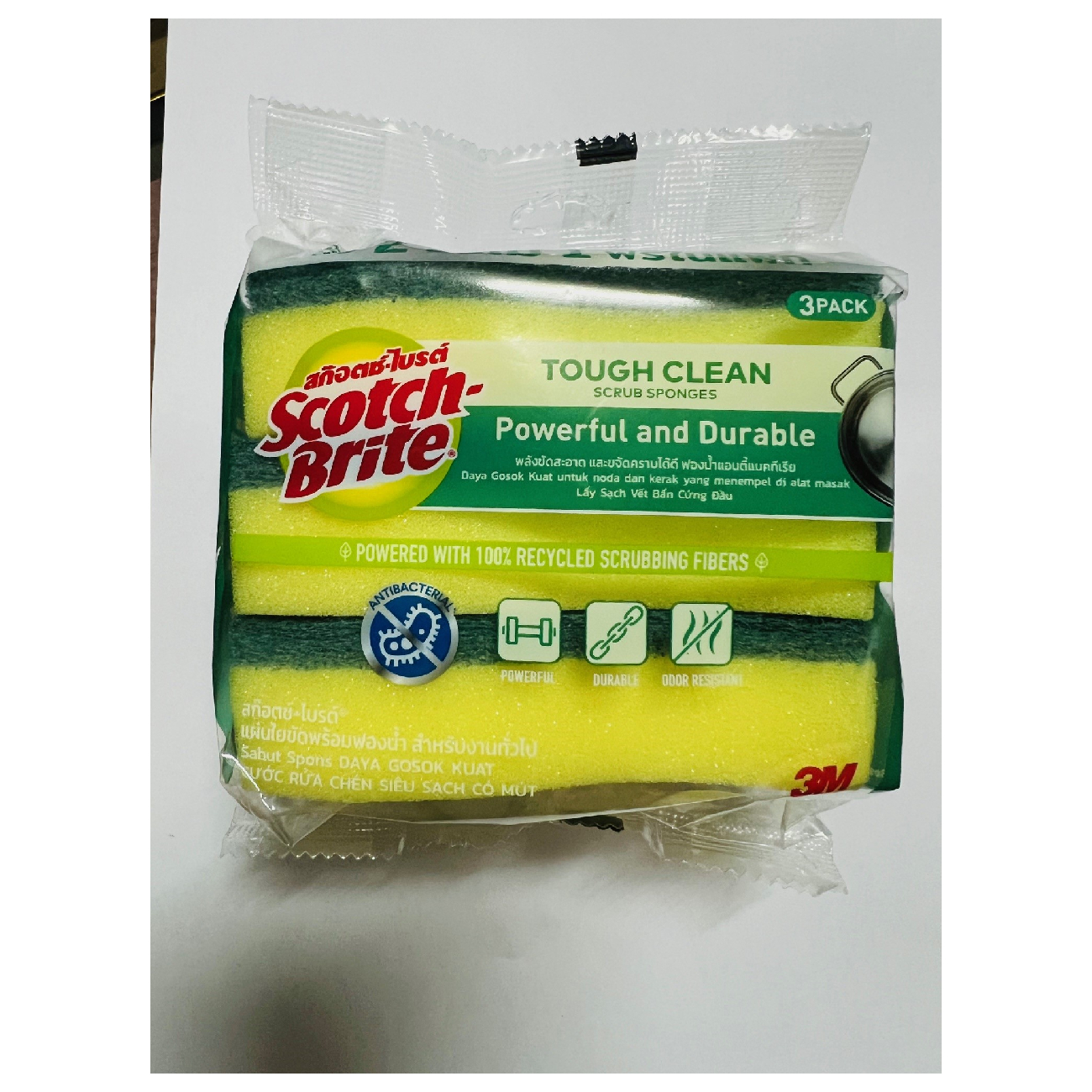 SKI - สกี จำหน่ายสินค้าหลากหลาย และคุณภาพดี | 3M สก๊อตช์-ไบรต์ #7012803305 ฟองน้ำแอนตี้แบคทีเรีย สีเขียว แพ็ค 3 #XD006003516 (12แพ๊ค/ลัง)