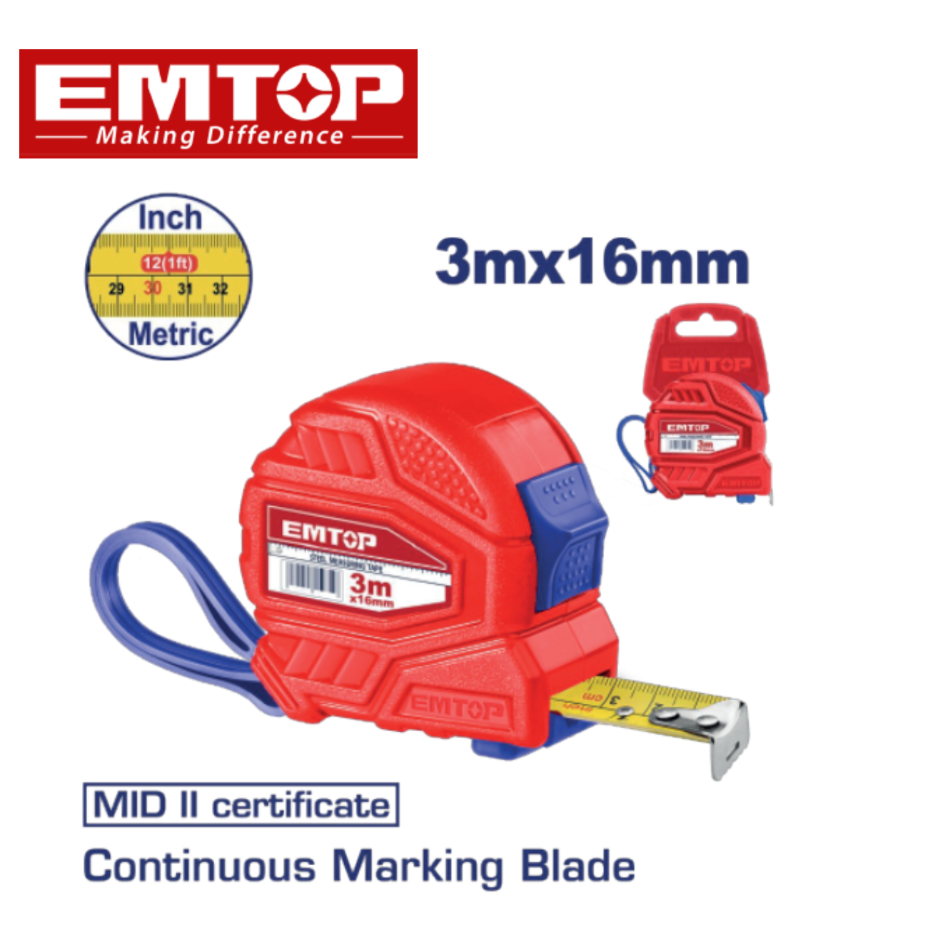 SKI - สกี จำหน่ายสินค้าหลากหลาย และคุณภาพดี | EMTOP EMTP13101 ตลับเมตร 3 ม x 16 มม