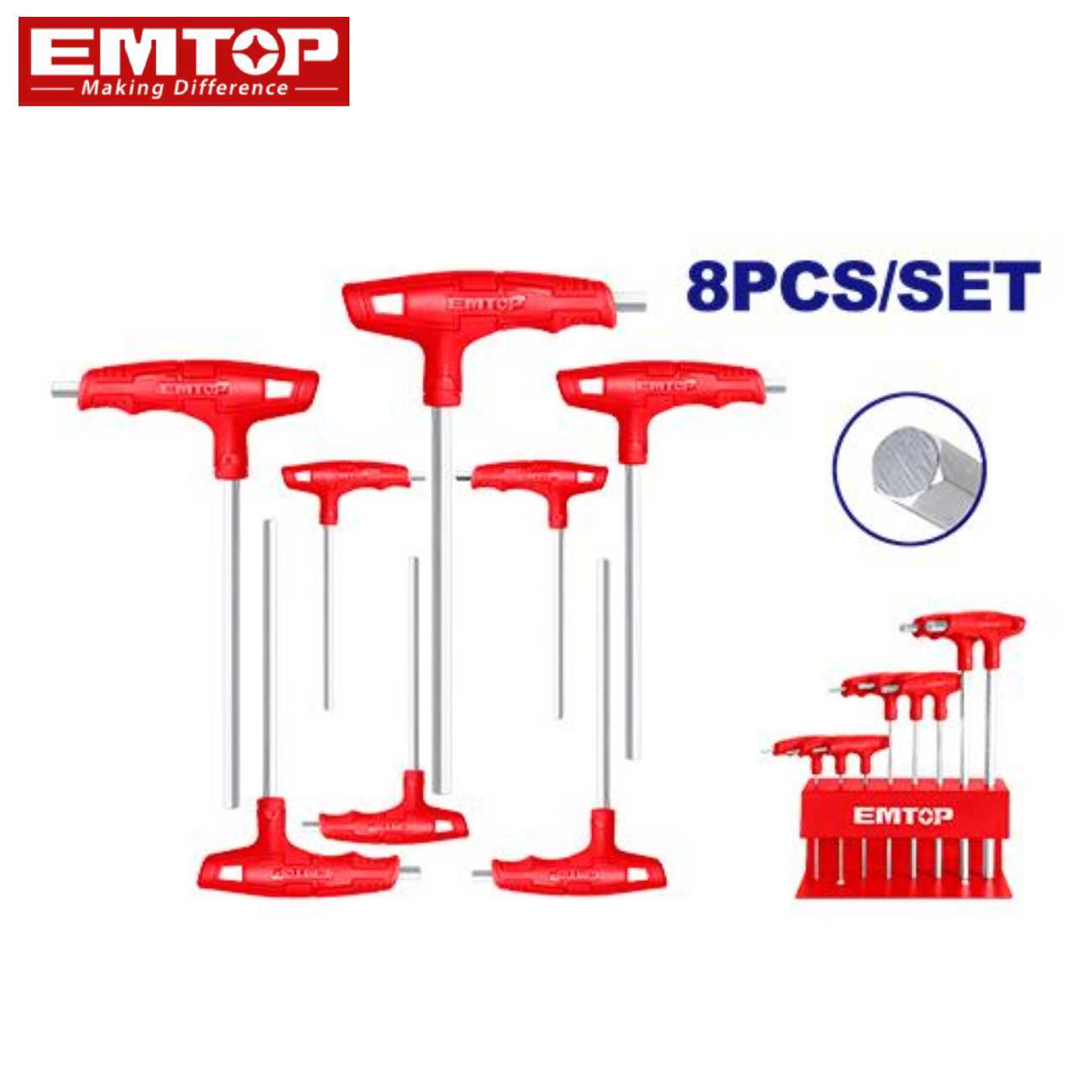 SKI - สกี จำหน่ายสินค้าหลากหลาย และคุณภาพดี | EMTOP ETHW6061 ชุดประแจหกเหลี่ยมด้ามจับตัว T 8 ชิ้น