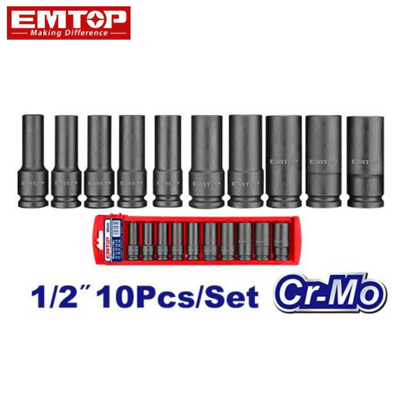 SKI - สกี จำหน่ายสินค้าหลากหลาย และคุณภาพดี | EMTOP EMSS12102L ชุดบล็อกลม 1/2" 10 ชิ้น