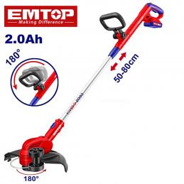 EMTOP ELGT203285 เครื่องตัดหญ้าไร้สาย 8200rpm พร้อมแบตเตอรี่ 20V 2.0Ah x1 แท่นชาร์จ x1 และ กระปุกสายเอ็นตัดหญ้า x2