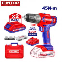 SKI - สกี จำหน่ายสินค้าหลากหลาย และคุณภาพดี | EMTOP ECDL200528 สว่านไร้สาย 20V หัวจับดอกพลาสติก พร้อมแบตเตอรี่ 2 ก้อน แท่นชาร์จ 2Ah และอุปกรณ์เสริม 55 ชิ้น