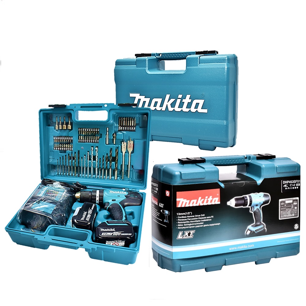 MAKITA DHP453SFX1 สว่านกระแทก 18V พร้อมแท่นชาร์จ + แบต 18V 3.0Ah x2 ก้อน + ACCESSORY 74 PCS + BOX