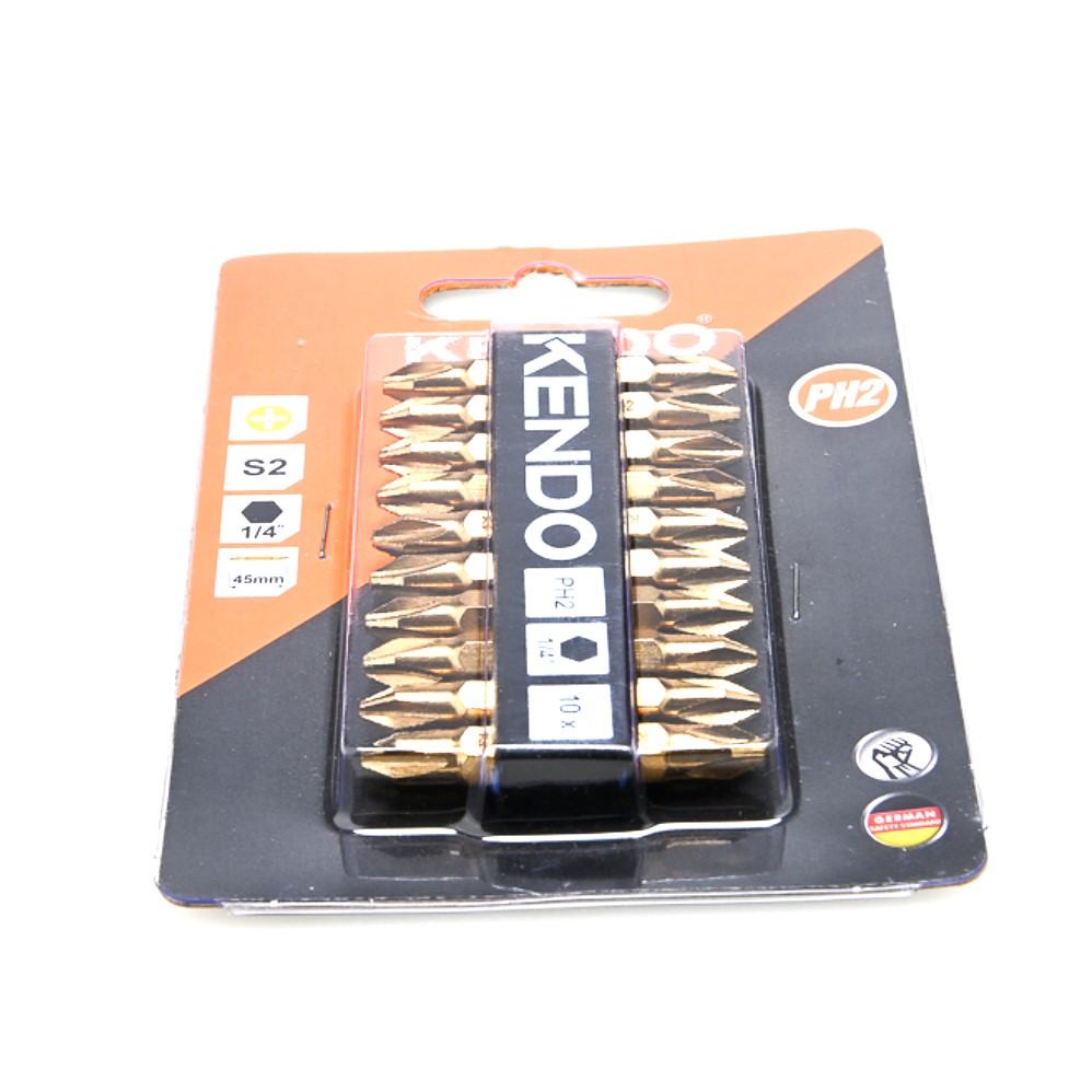 KENDO 25404620 ดอกไขควงลมแฉก สีทอง หัวแม่เหล็ก 2 หัว PH2 × 45mm (10 ชิ้น/แพ็ค)