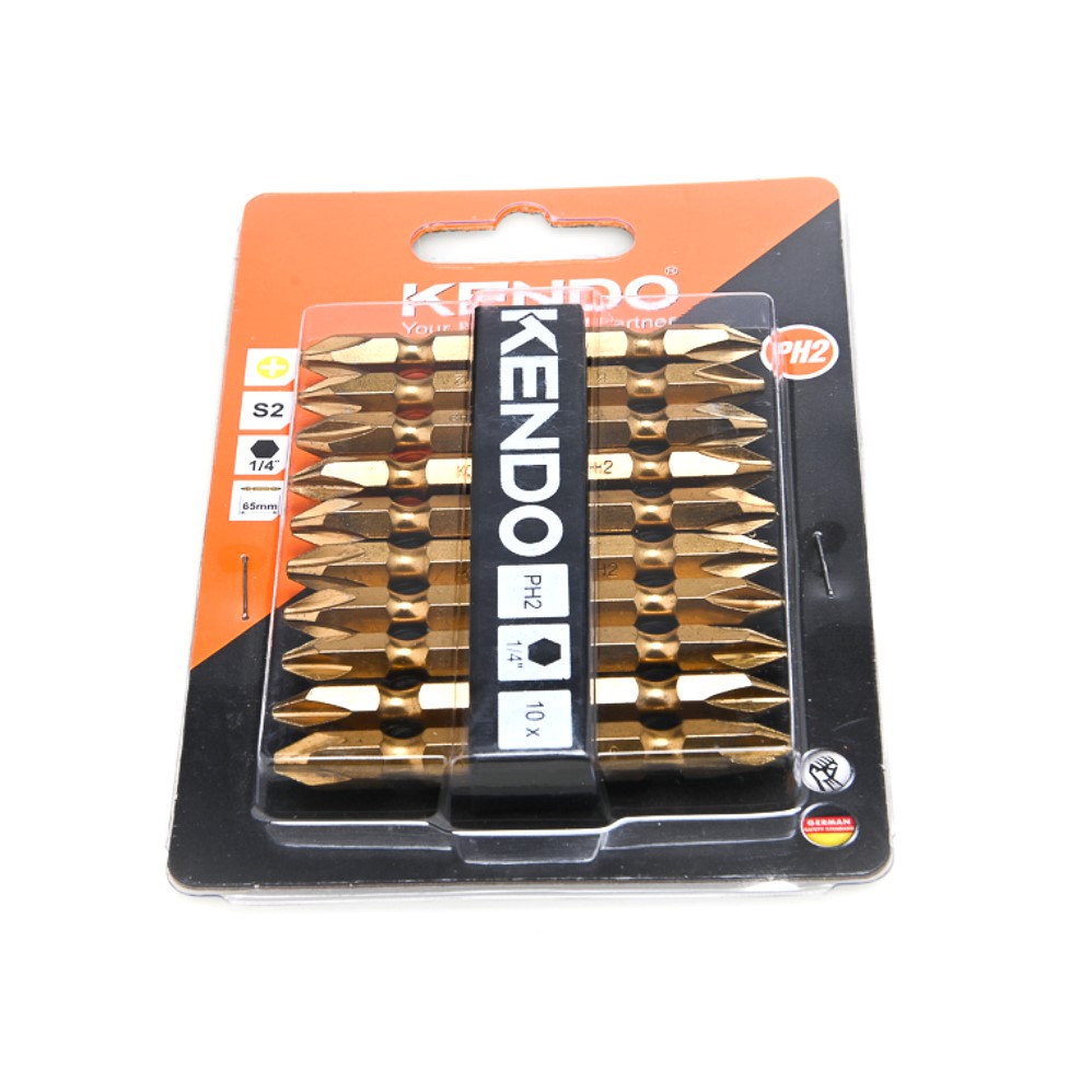 KENDO 25404820 ดอกไขควงลมแฉก สีทอง หัวแม่เหล็ก 2 หัว PH2 × 65mm (10 ชิ้น/แพ็ค)