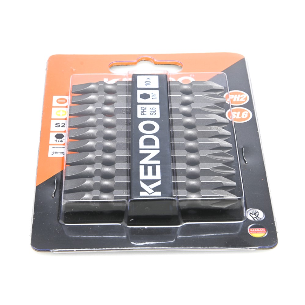 KENDO 25404720 ดอกไขควงลมแบน-แฉก หัวแม่เหล็ก PH2-SL6 × 65mm (10 ชิ้น/แพ็ค)