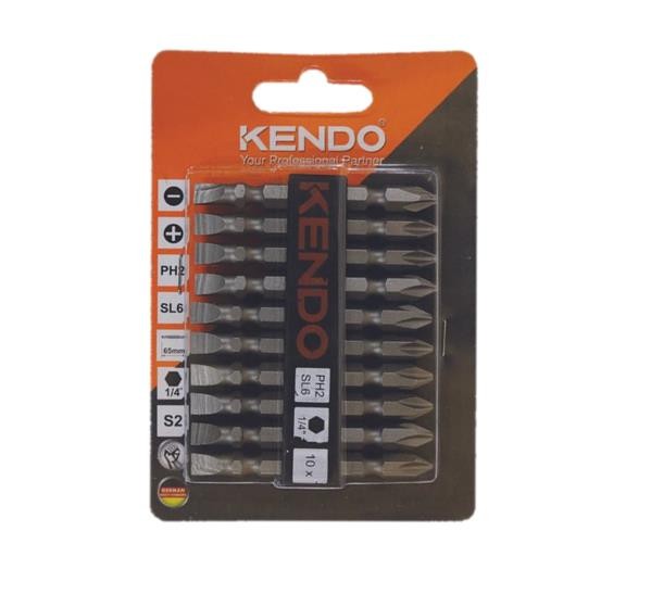 KENDO 25404720 ดอกไขควงลมแบน-แฉก หัวแม่เหล็ก PH2-SL6 × 65mm (10 ชิ้น/แพ็ค)