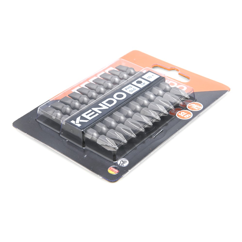 KENDO 25404720 ดอกไขควงลมแบน-แฉก หัวแม่เหล็ก PH2-SL6 × 65mm (10 ชิ้น/แพ็ค)