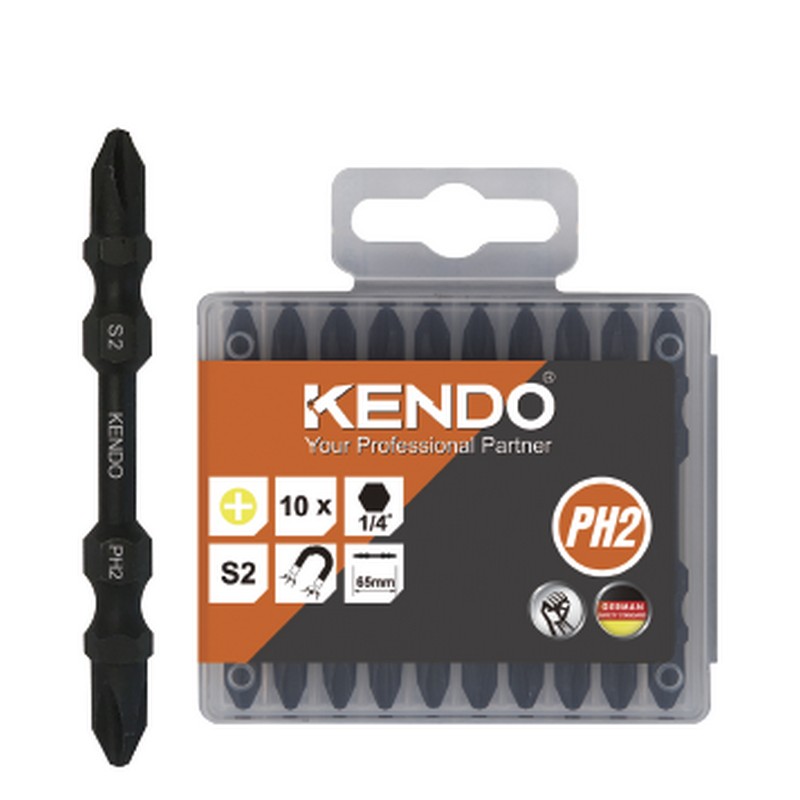 KENDO 25500132 ดอกไขควงลมกระแทก หัวแม่เหล็ก PH2 × 65mm (10 ชิ้น/แพ็ค)