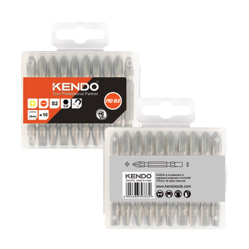 SKI - สกี จำหน่ายสินค้าหลากหลาย และคุณภาพดี | KENDO 25404732 ดอกไขควงลมแบน-แฉก หัวแม่เหล็ก PH2-SL6 × 65mm (10 ชิ้น/แพ็ค)
