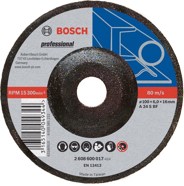 BOSCH แผ่นขัดเหล็ก 4นิ้ว หนา #2608600017 (100x6x16mm. A24S 2G) (ราคาต่อแผ่น , 1 กล่องมี 25แผ่น)