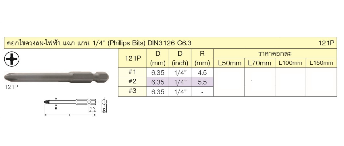 KOKEN 121P-#3x100 ดอกไขควงลม-ไฟฟ้า แฉก 1/4นิ้ว#3-100mm.