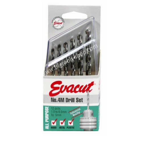 SKI - สกี จำหน่ายสินค้าหลากหลาย และคุณภาพดี | EVACUT ดอกสว่านเจาะเหล็กสีเงิน 12 ตัวชุด No.4m (1.00-6.50MM) กล่องพลาสติก