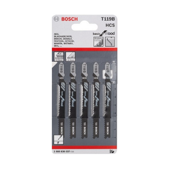 BOSCH T119B ใบเลื่อยจิ๊กซอตัดไม้งานประณีตไม่มีเสี้ยน ตัดหนา 2-15 มิล #2608630037 (5ใบ/แผง)