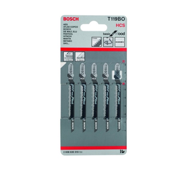 BOSCH T119BO ใบเลื่อยจิ๊กซอตัดไม้งานประณีตไม่มีเสี้ยน ตัดหนา 2-15 มิล. ตัดโค้ง #2608630310 (5ใบ/แผง)