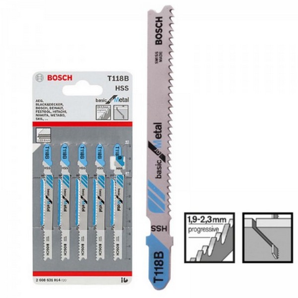 BOSCH T118B ใบเลื่อยจิ๊กซอตัดเหล็ก ตัดท่อ ตัดหนา 2.5-6 มิล #2608631014 (5ใบ/แผง)