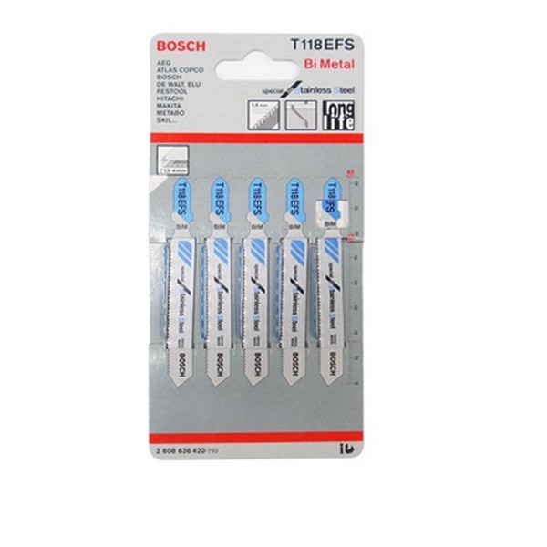 BOSCH T118EFS ใบเลื่อยจิ๊กซอตัดสแตนเลส ตัดหนา 1.5-4 มิล #2608636420 (5ใบ/แผง)