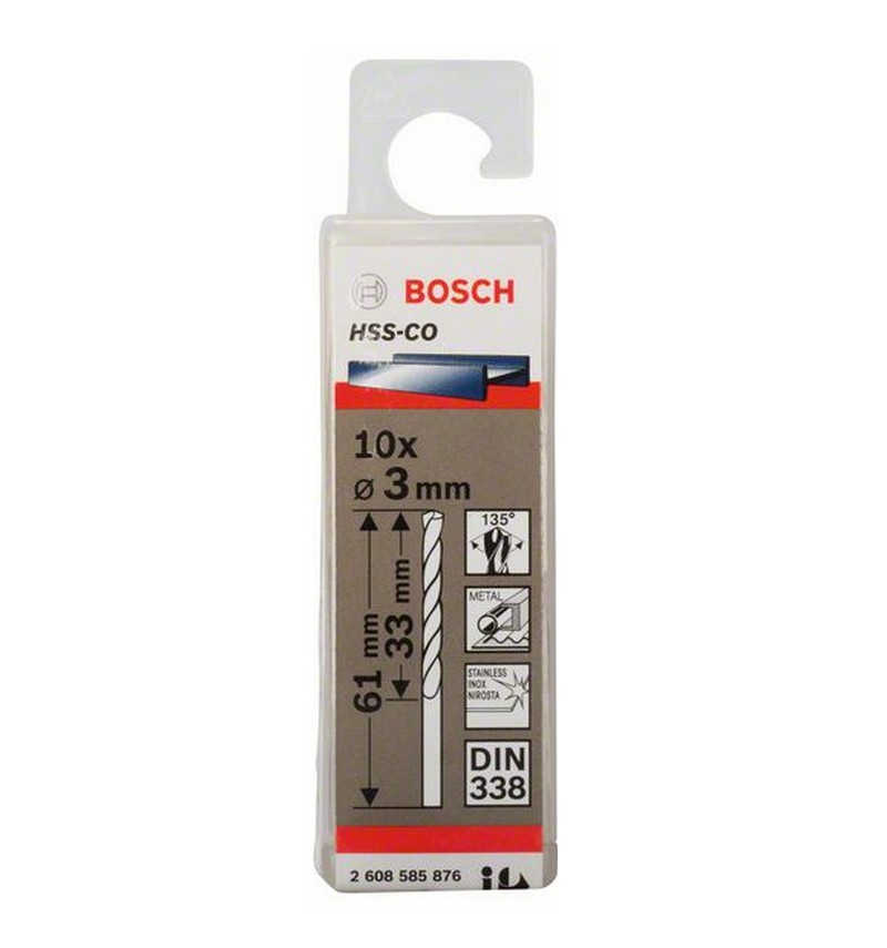 SKI - สกี จำหน่ายสินค้าหลากหลาย และคุณภาพดี | BOSCH ดอกเจาะสแตนเลส 3.0mm แบบกล่อง(10ดอก/แพ็ค) #2608585876 HSS-Co 135