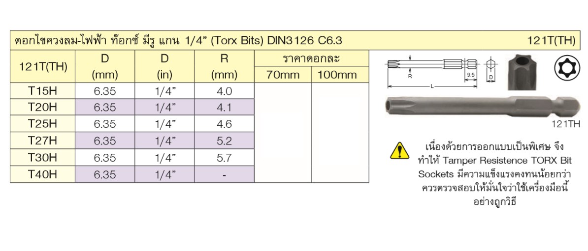 KOKEN 121TH ดอกไขควงลมหัวท๊อกซ์ มีรู T30x100mm. 6P แกน 1/4นิ้ว