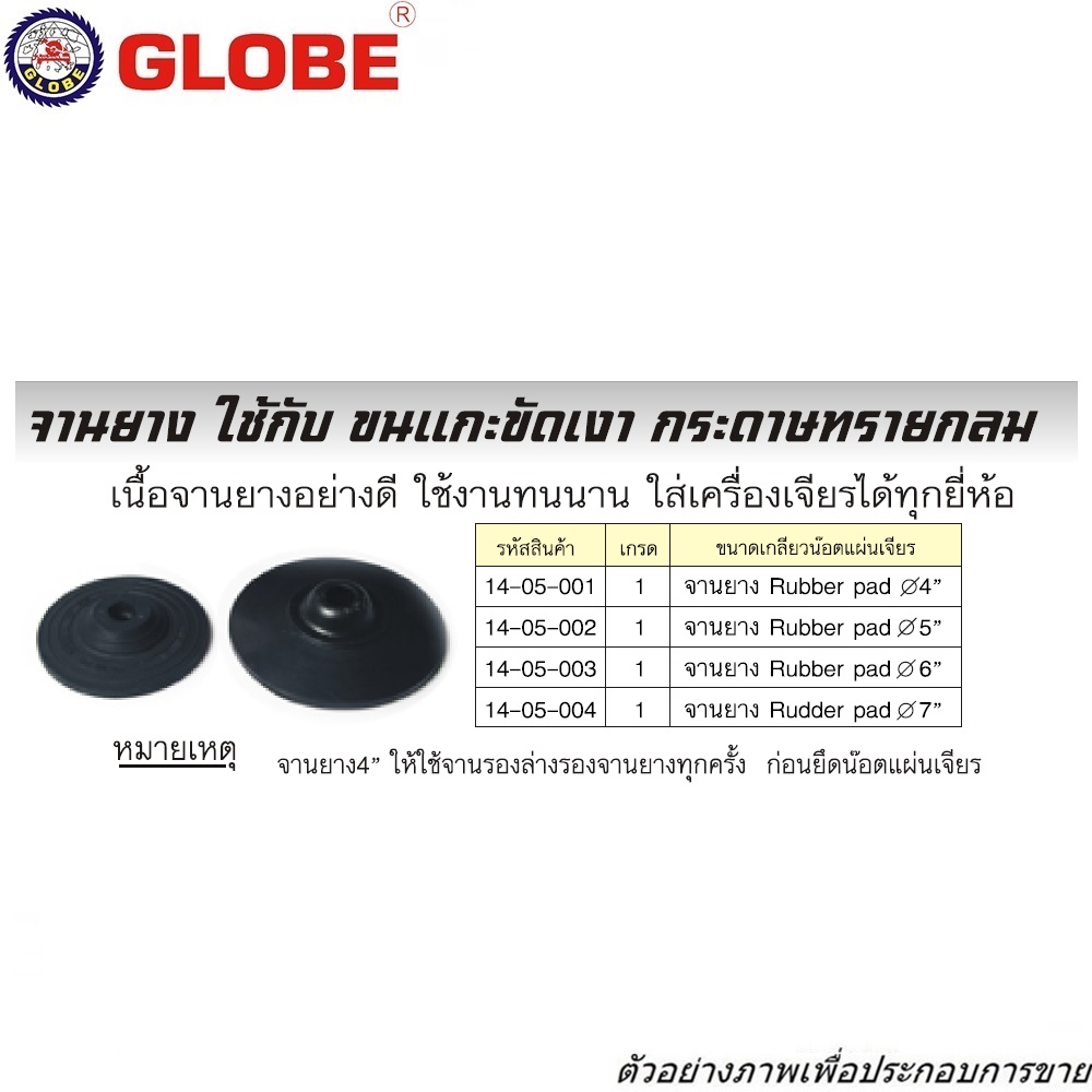 GLOBE จานยาง 4นิ้ว #14-05-001 ใช้กับขนแกะขัดเงา กระดาษทรายกลม