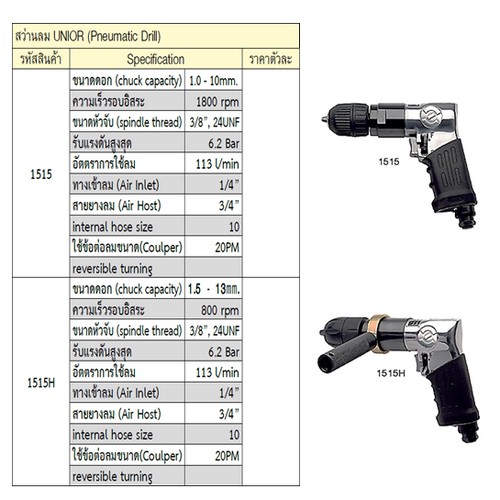 UNIOR 1515H สว่านลม 1.5-13mm 113L/min 800rpm