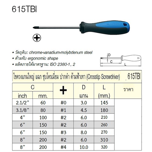 UNIOR 615TBI ไขควงแกนใหญ่แฉก 2.1/2นิ้ว #0x3mm ชุบโครเมี่ยมปากดำด้ามฟ้าเทา