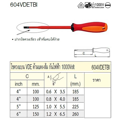UNIOR 604VDETBI ไขควงแบนด้ามแดงกันไฟฟ้า 4นิ้ว-0.6X3.5X100mm