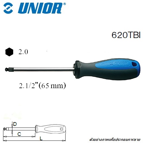 UNIOR 620TBI ไขควงหัวบอล 2 mm. หกเหลี่ยม ชุบโครเมี่ยมปากดำ ด้ามฟ้าเทา