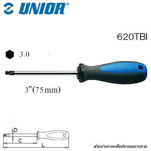 UNIOR 620TBI ไขควงหัวบอล 3 mm. หกเหลี่ยม ชุบโครเมี่ยมปากดำ ด้ามฟ้าเทา