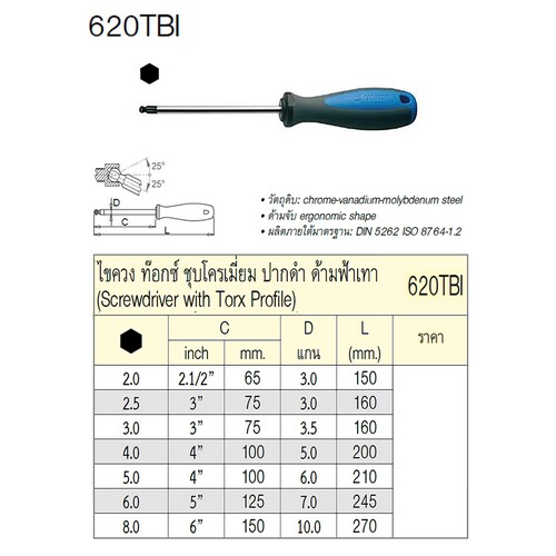 UNIOR 620TBI ไขควงหัวบอล 8 mm. หกเหลี่ยม ชุบโครเมี่ยมปากดำ ด้ามฟ้าเทา