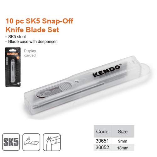 SKI - สกี จำหน่ายสินค้าหลากหลาย และคุณภาพดี | KENDO 30652 ชุดใบมีดคัตเตอร์ SK5 18mm 10 ชิ้น/ชุด