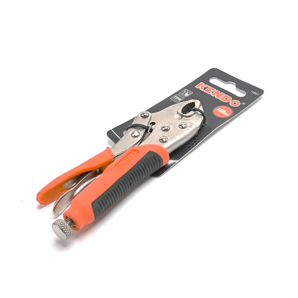 KENDO 11601 คีมล็อค ปากโค้ง (ชุบนิกเกิล/ด้ามหุ้มยางส้มดำ) 5.5นิ้ว/140mm