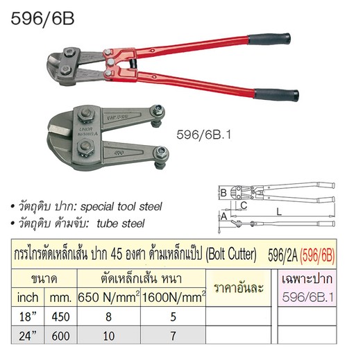 UNIOR 596/6B กรรไกรตัดเหล็กเส้น 18นิ้ว ปาก45องศา ด้ามเหล็กแป๊ป (596/2A)