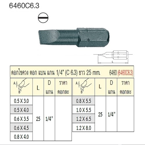 SKI - สกี จำหน่ายสินค้าหลากหลาย และคุณภาพดี | UNIOR 6460C6.3-0.5x3.0x25mm. ดอกไขควงตอกแบน แกน 1/4นิ้ว ยาว 25mm. (6460)
