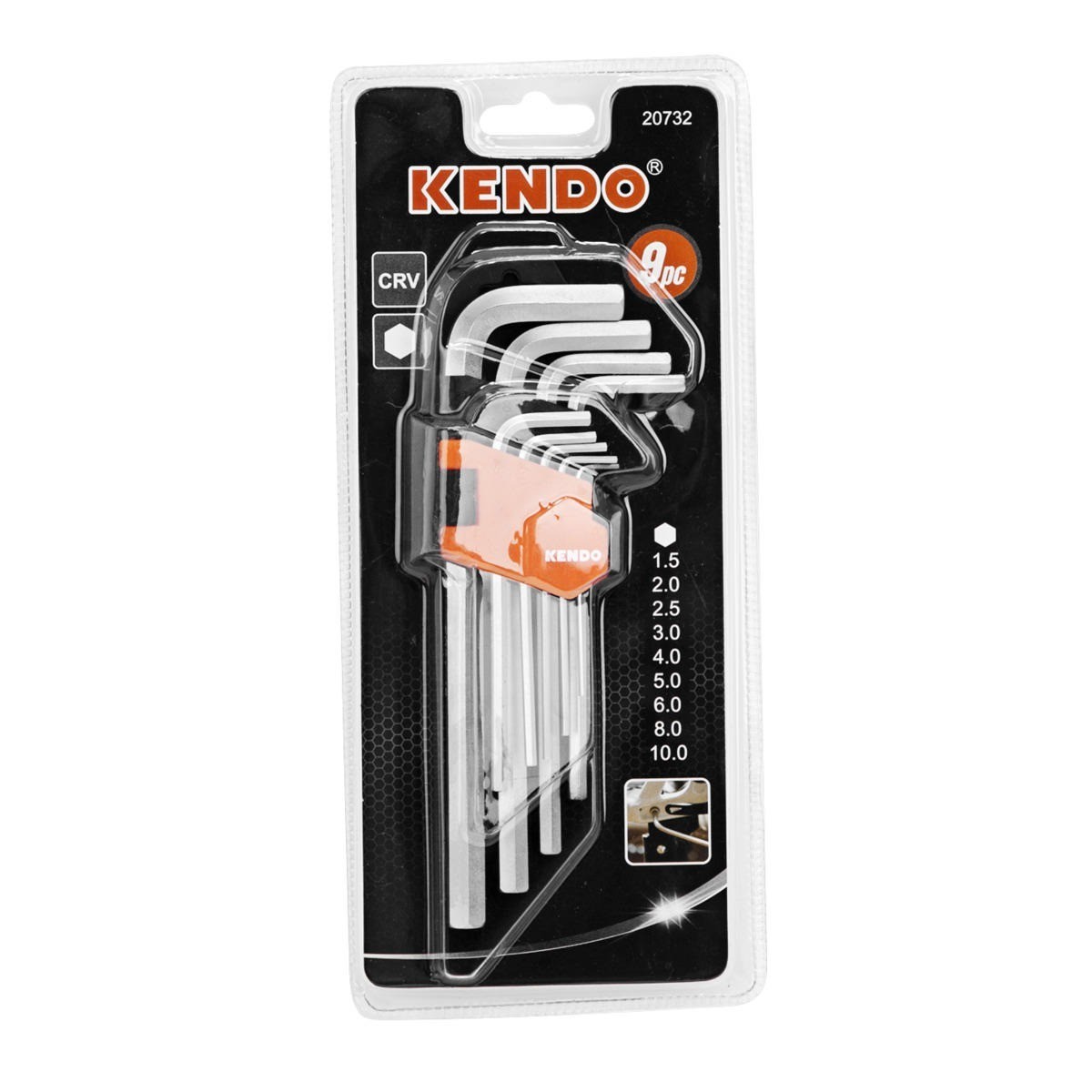 KENDO 20732 ประแจหกเหลี่ยมตัวแอล ขาวกึ่งยาว 9 ตัวชุด (ชุบโครเมียม) ขนาด 1.5-10 mm.