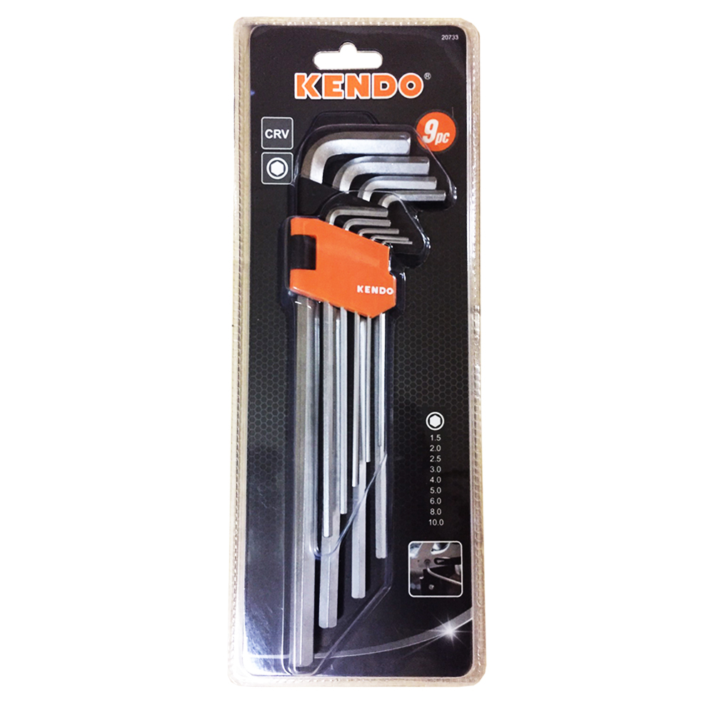 SKI - สกี จำหน่ายสินค้าหลากหลาย และคุณภาพดี | KENDO 20733 ประแจหกเหลี่ยมตัวแอล ขาวยาวพิเศษ 9 ตัวชุด ขนาด 1.5-10 mm.
