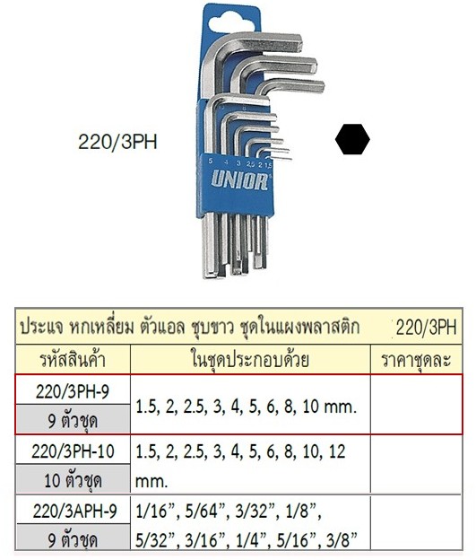 UNIOR 220/3PH หกเหลี่ยมตัวแอล ตัวสั้น ชุบขาว 9 ตัว (1.5-10 mm.)