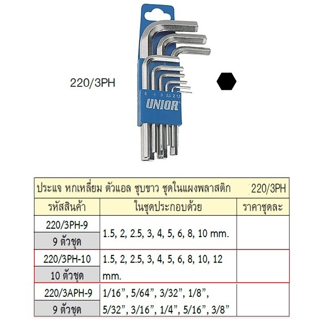 SKI - สกี จำหน่ายสินค้าหลากหลาย และคุณภาพดี | UNIOR 220/3PH หกเหลี่ยม ตัวแอล ตัวสั้น ชุบขาว 10 ตัว (1.5-12mm.)