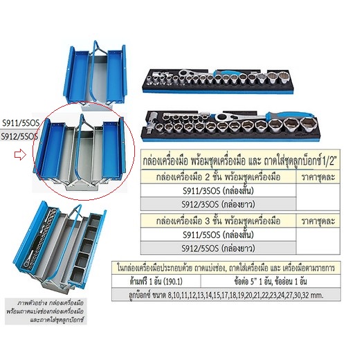 UNIOR S911/5SOS กล่องเครื่องมือ(สั้น) 3 ชั้น+ชุดเครื่องมือ+ถาดใส่ชุดลูกบ็อกซ์ 1/2นิ้ว