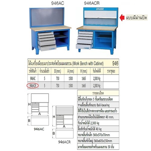 UNIOR 946ACR โต๊ะเครื่องมืออเนกประสงค์ 5 ลิ้นชักพร้อมแผงแขวน 750x1500x1665mm