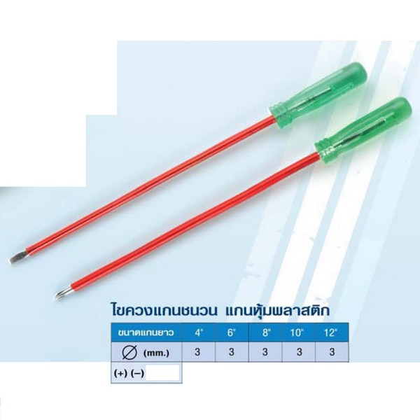 Gracent ไขควงแกนชนวน 3mm-12นิ้ว ปากแบน (แกนหุ้มพลาสติก)