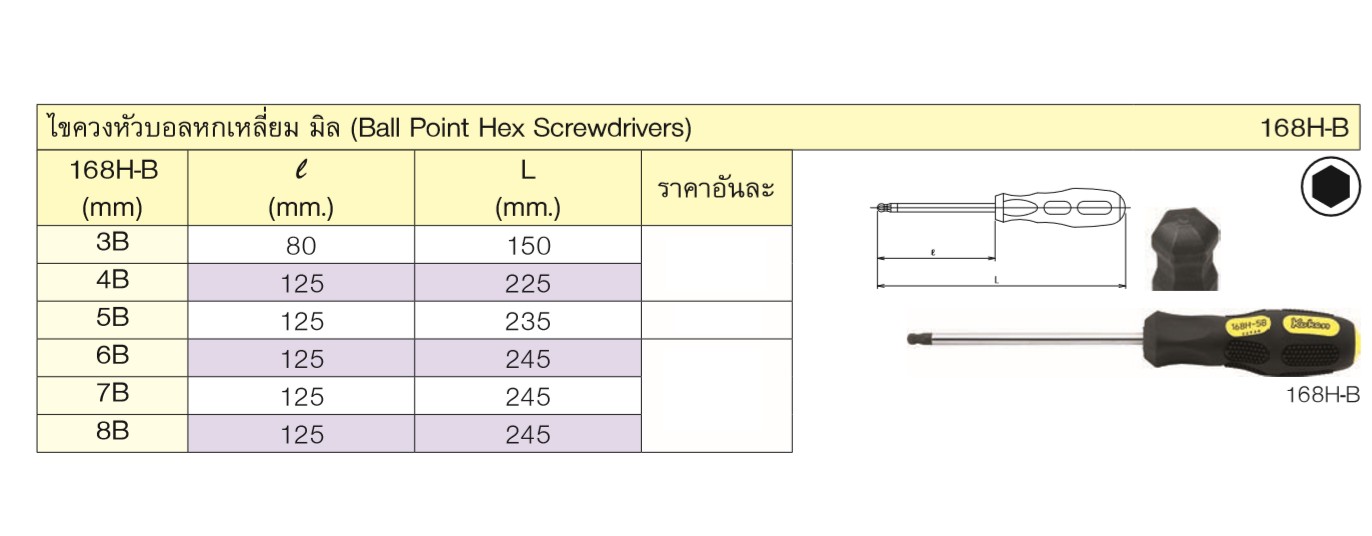KOKEN 168H-B ไขควงหัวหกเหลี่ยมหัวบอลล์ 8 mm.